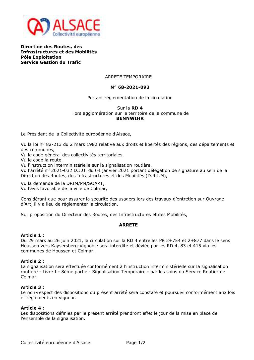 Collectivité Européenne D'alsace Page 1/2 Direction Des Routes, Des Infrastructures Et Des Mobilités Pôle Exploitation