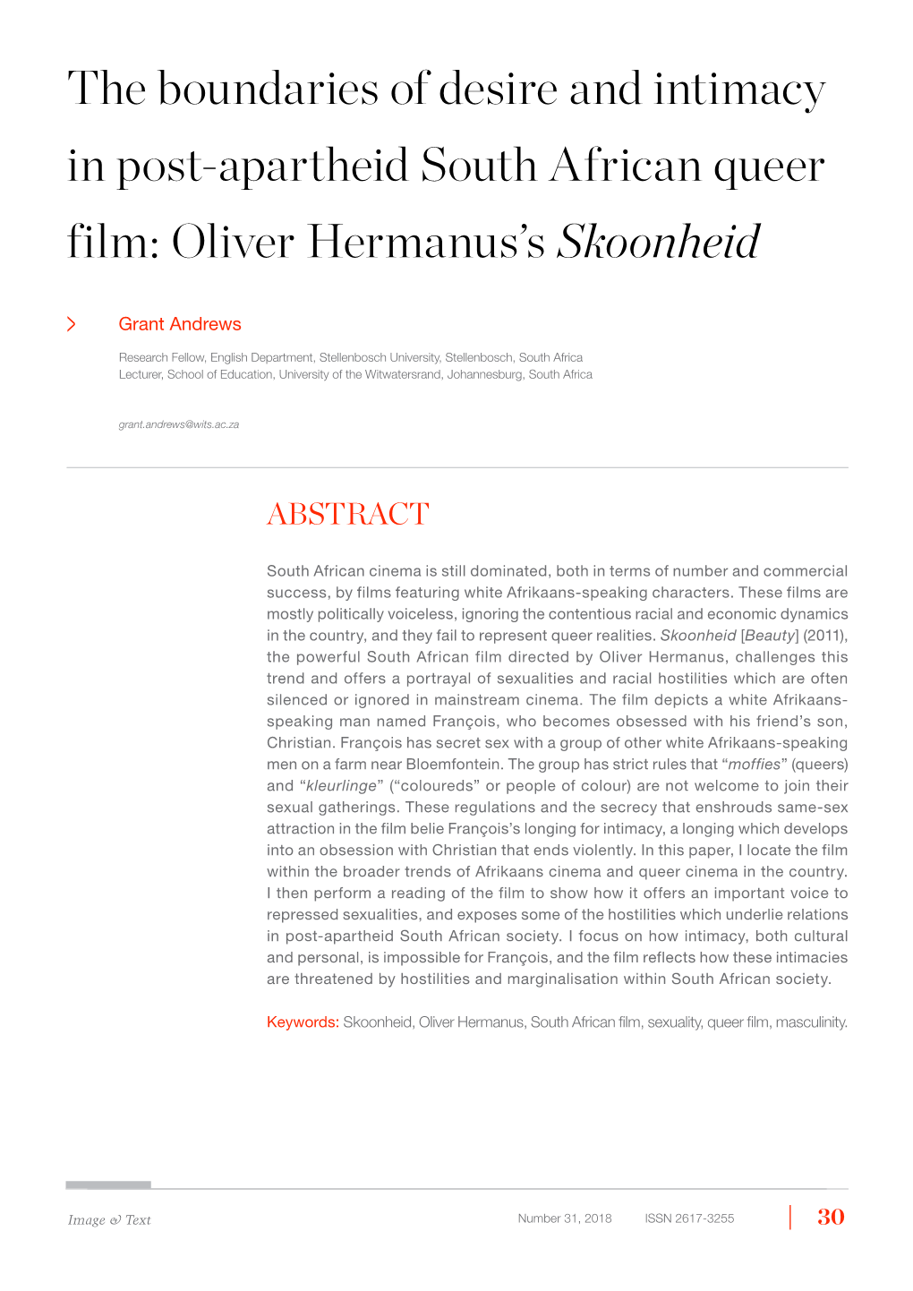 The Boundaries of Desire and Intimacy in Post-Apartheid South African Queer Film: Oliver Hermanus’S Skoonheid