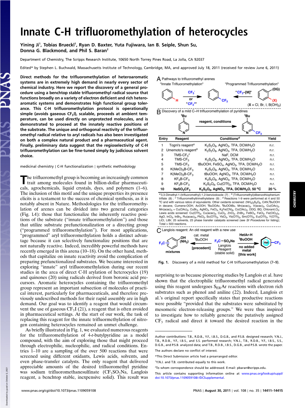 Innate C-H Trifluoromethylation of Heterocycles