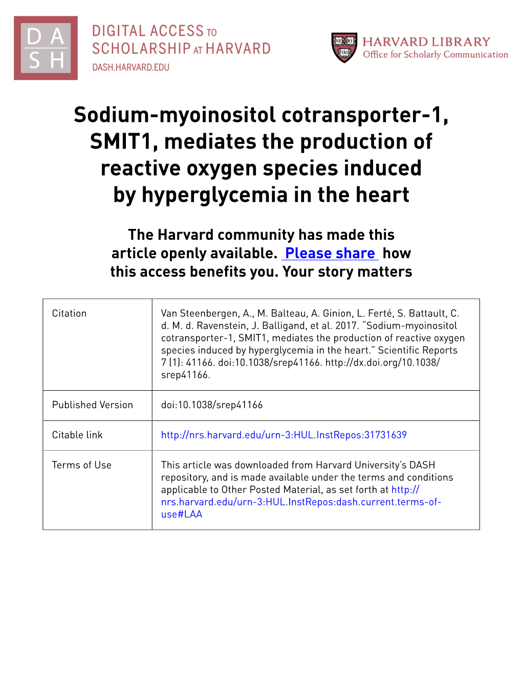 Sodium-Myoinositol Cotransporter-1, SMIT1, Mediates the Production of Reactive Oxygen Species Induced by Hyperglycemia in the Heart