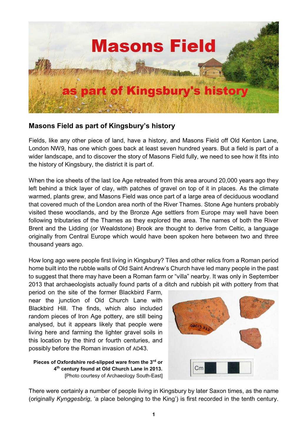 Masons Field As Part of Kingsbury's History