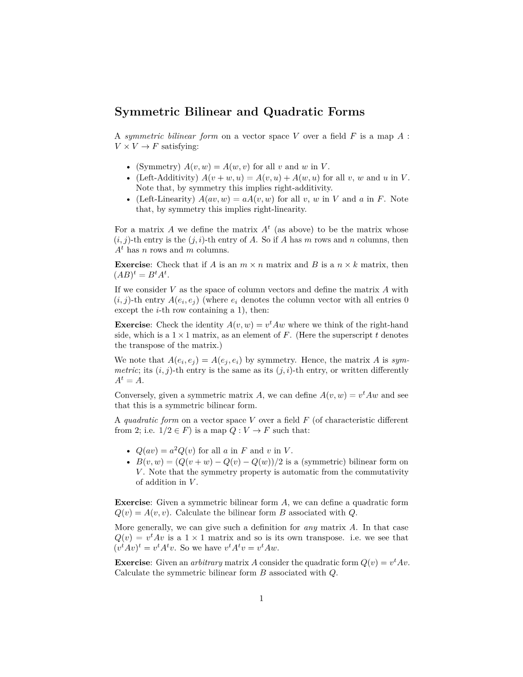 Symmetric Bilinear and Quadratic Forms