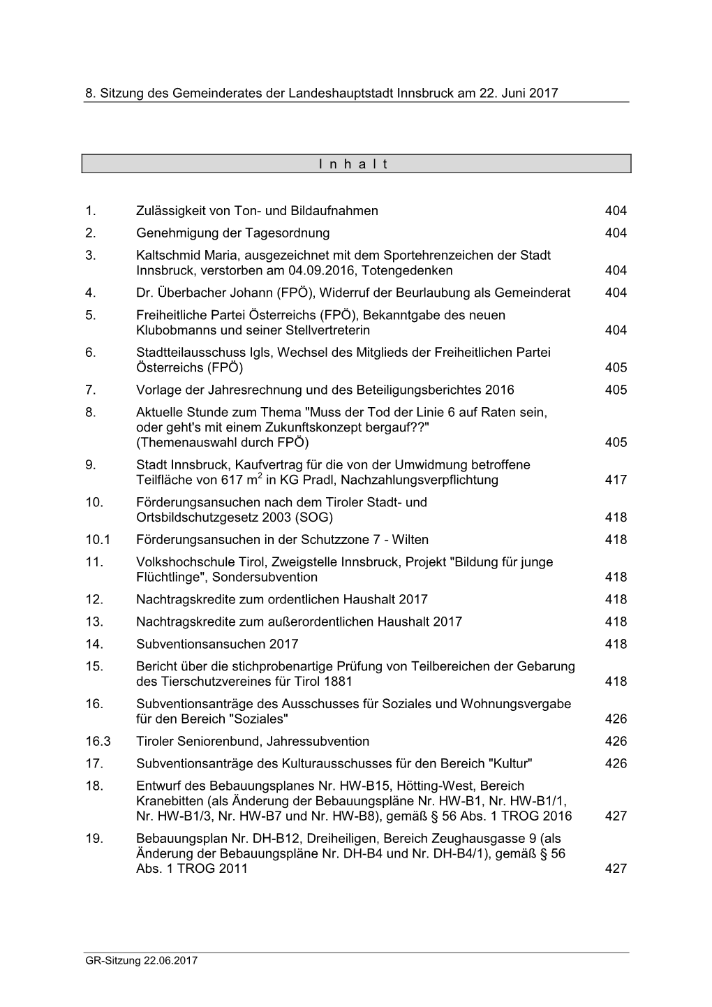 8. Sitzung Des Gemeinderates Der Landeshauptstadt Innsbruck Am 22