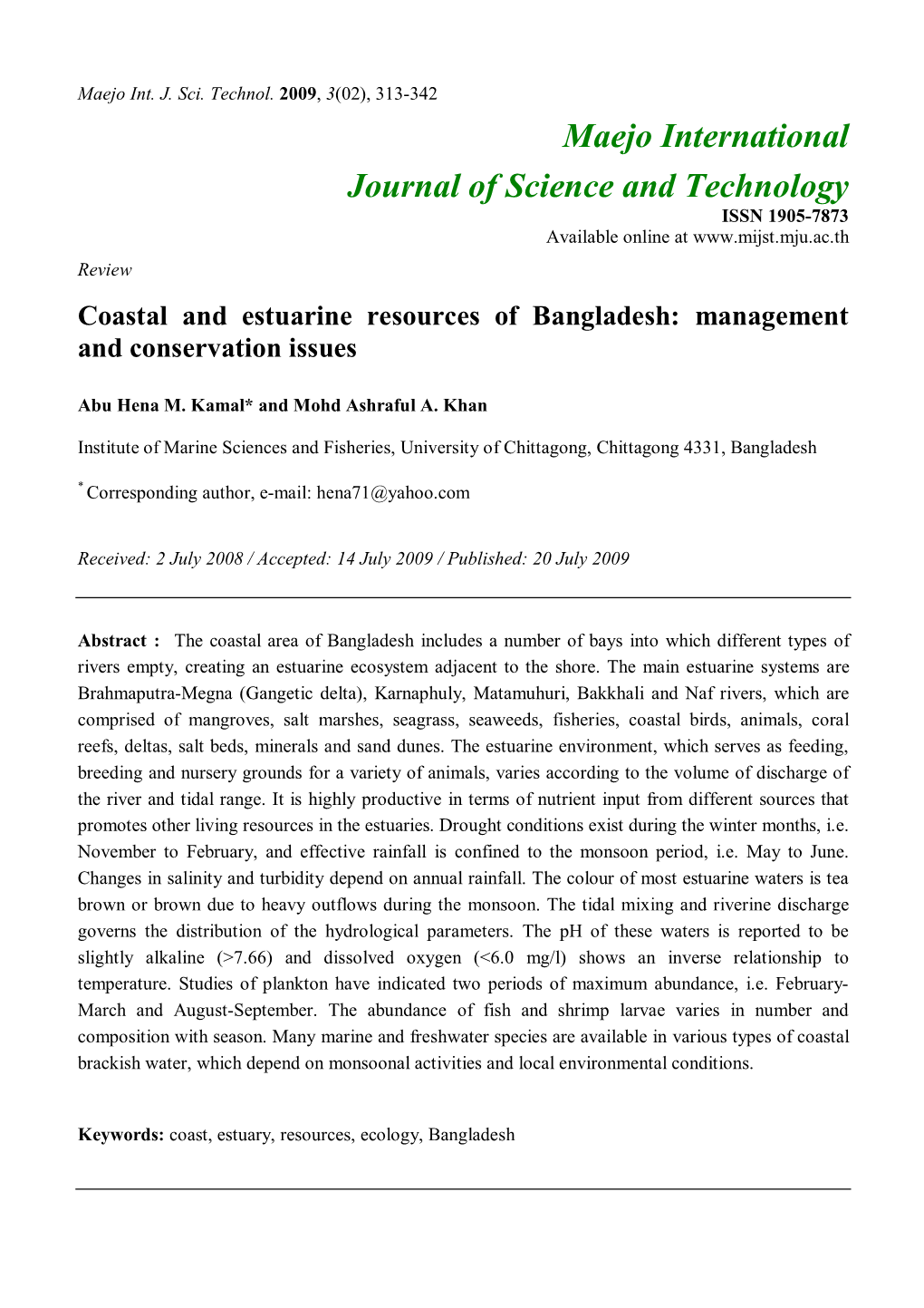 Coastal and Estuarine Resources of Bangladesh: Management and Conservation Issues