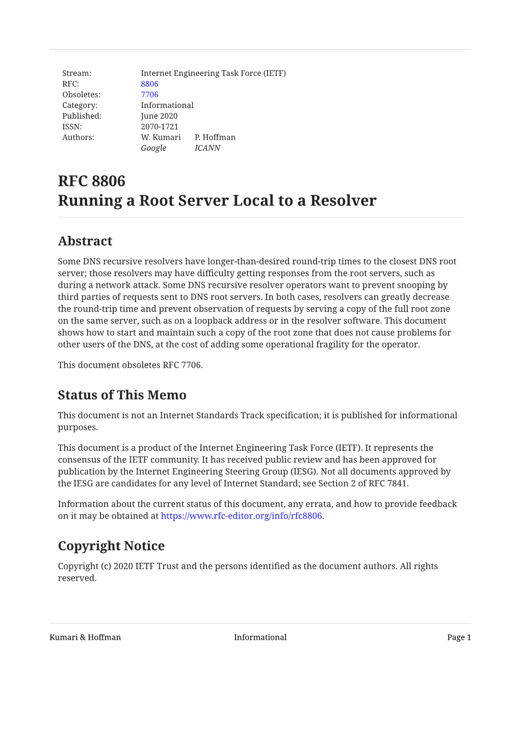 RFC 8806: Running a Root Server Local to a Resolver