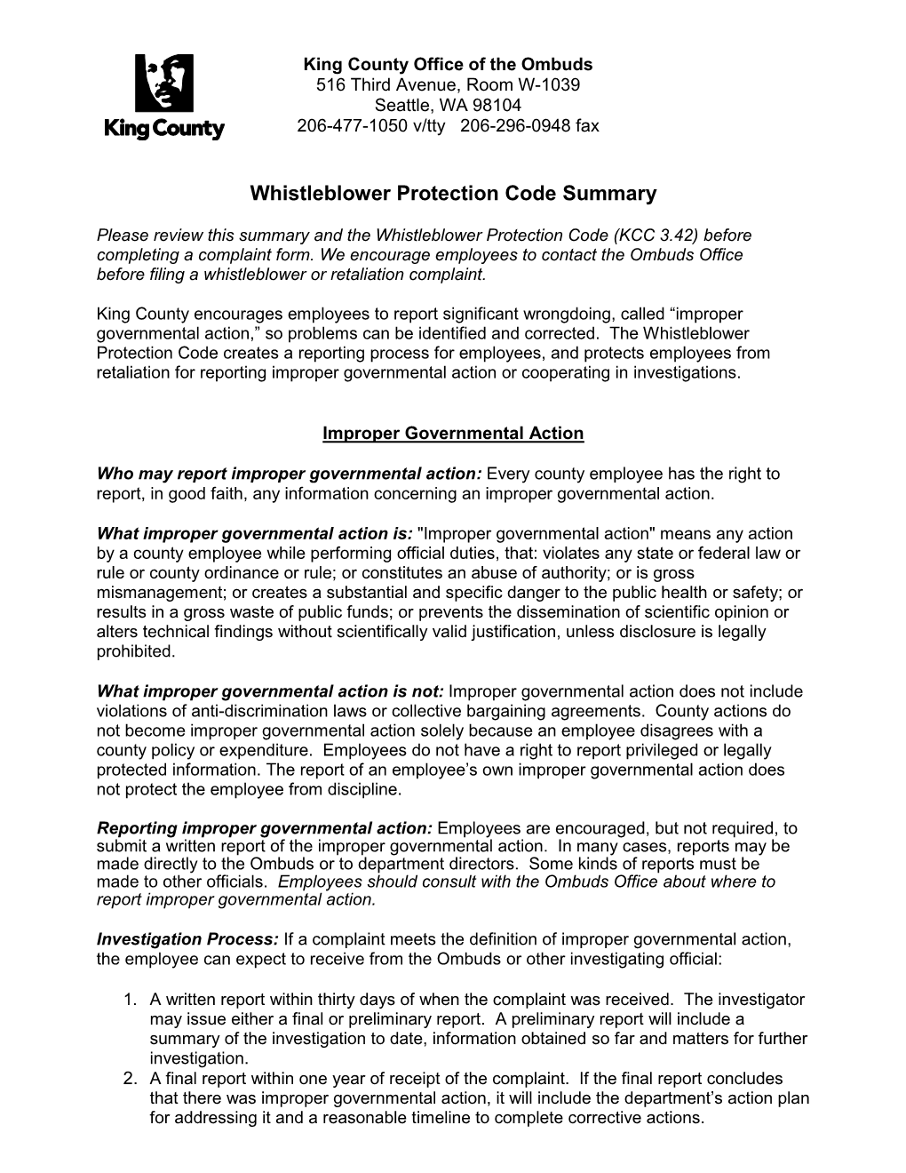 Whistleblower Protection Code Summary