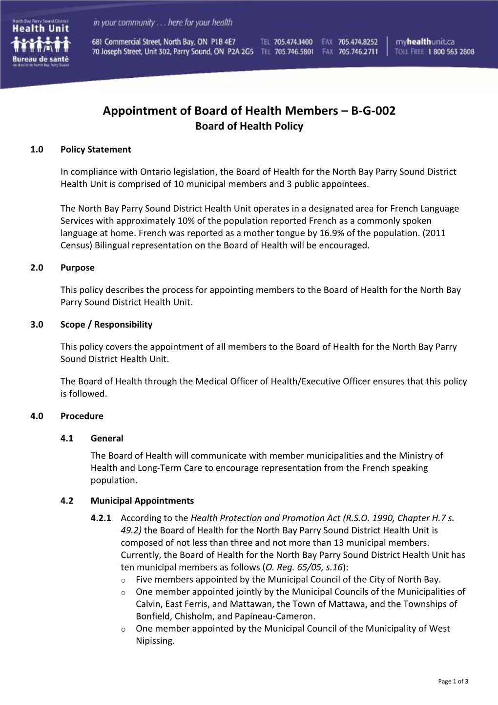 Appointment of Board of Health Members – B-G-002 Board of Health Policy