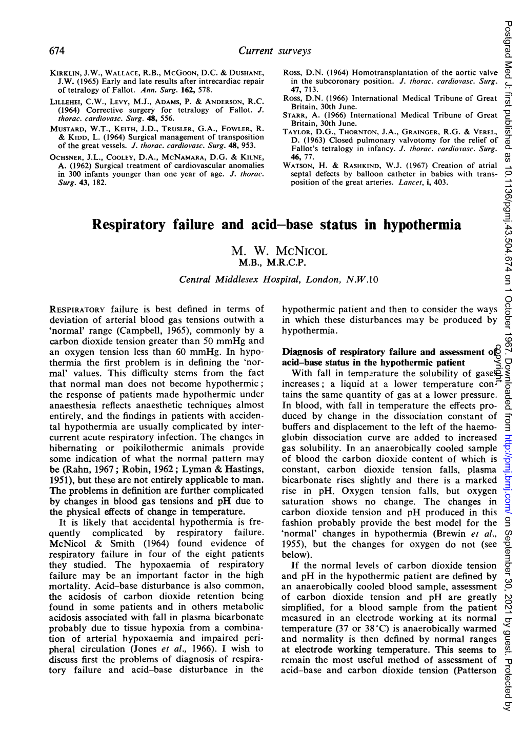 Respiratory Failure and Acid-Base Status in Hypothermia M