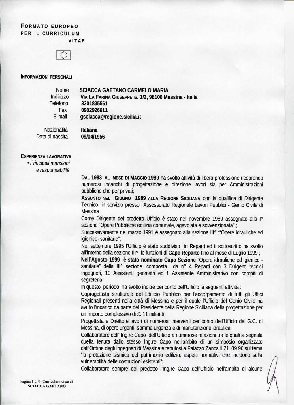 Pagina 1 Di 9 -Curriculum Vitae Di SCIACCA GAETANO