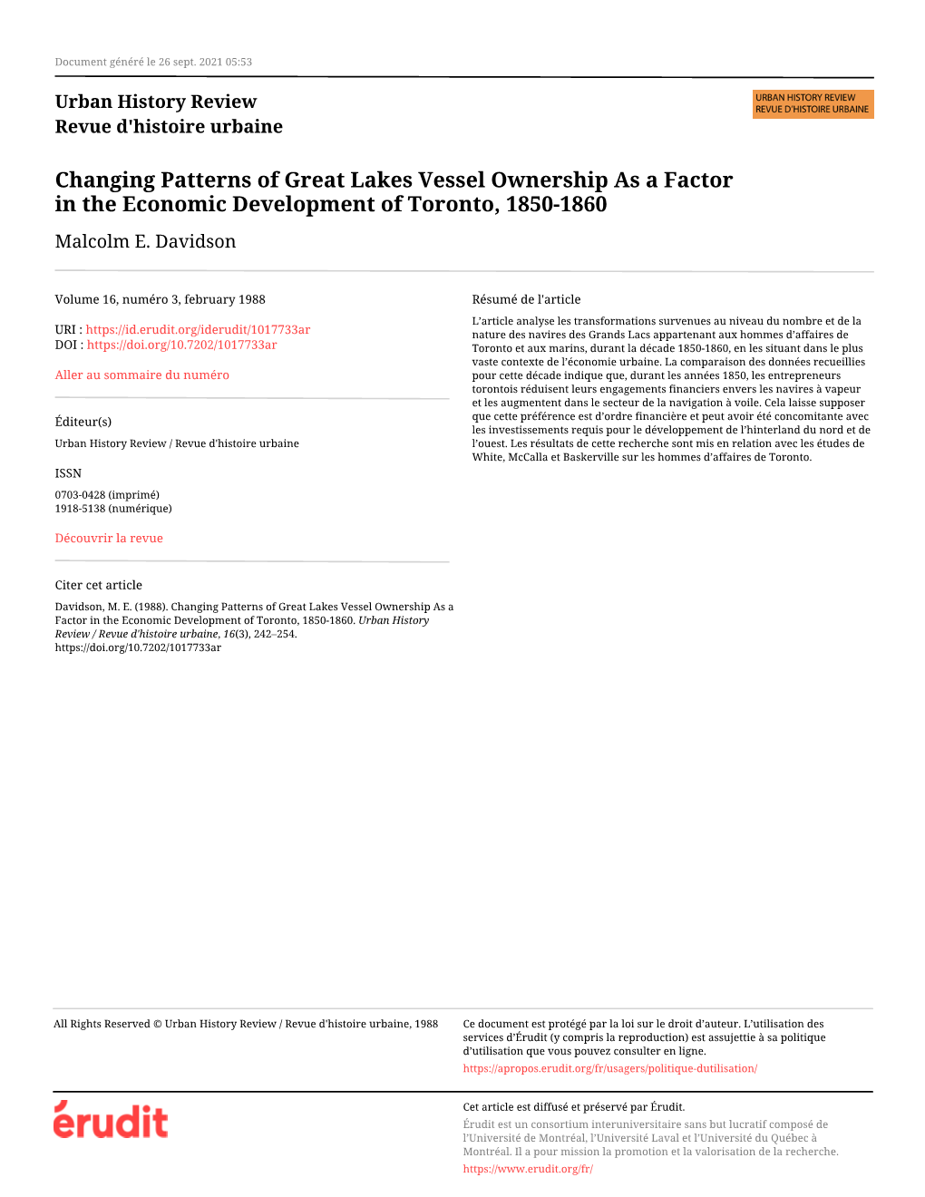 Changing Patterns of Great Lakes Vessel Ownership As a Factor in the Economic Development of Toronto, 1850-1860 Malcolm E