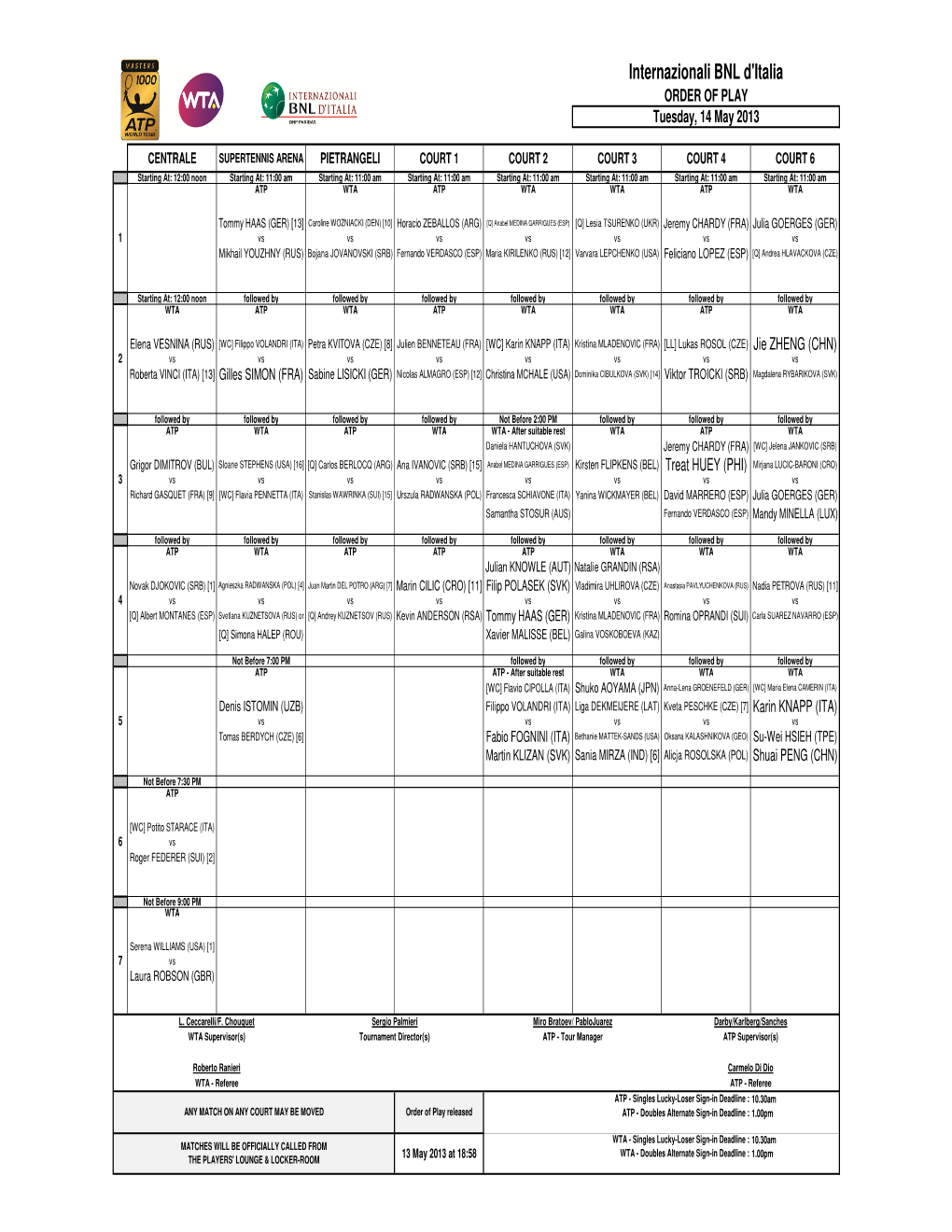 Internazionali BNL D'italia ORDER of PLAY Tuesday, 14 May 2013