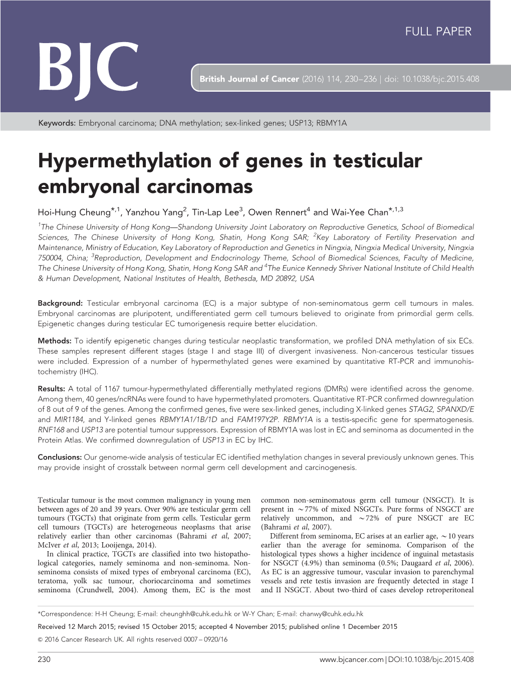 Hypermethylation of Genes in Testicular Embryonal Carcinomas
