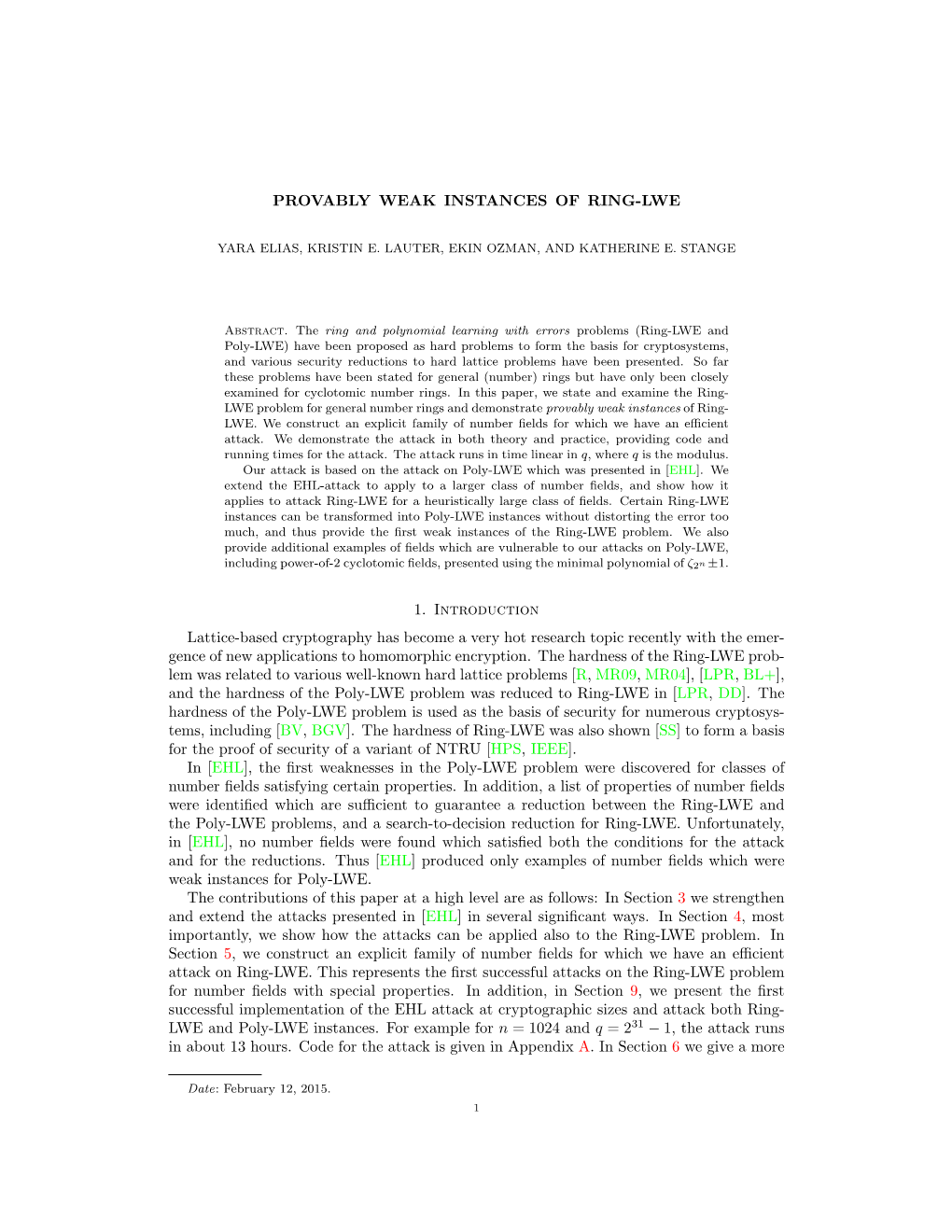 PROVABLY WEAK INSTANCES of RING-LWE 1. Introduction Lattice-Based Cryptography Has Become a Very Hot Research Topic Recently