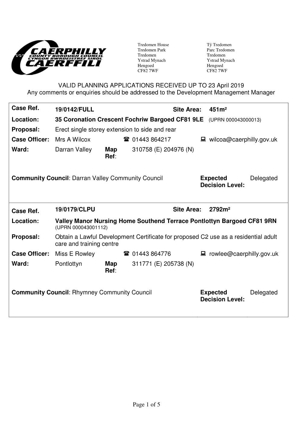 Page 1 of 5 VALID PLANNING APPLICATIONS RECEIVED up to 23 April 2019 Any Comments Or Enquiries Should Be Addressed to the Develo