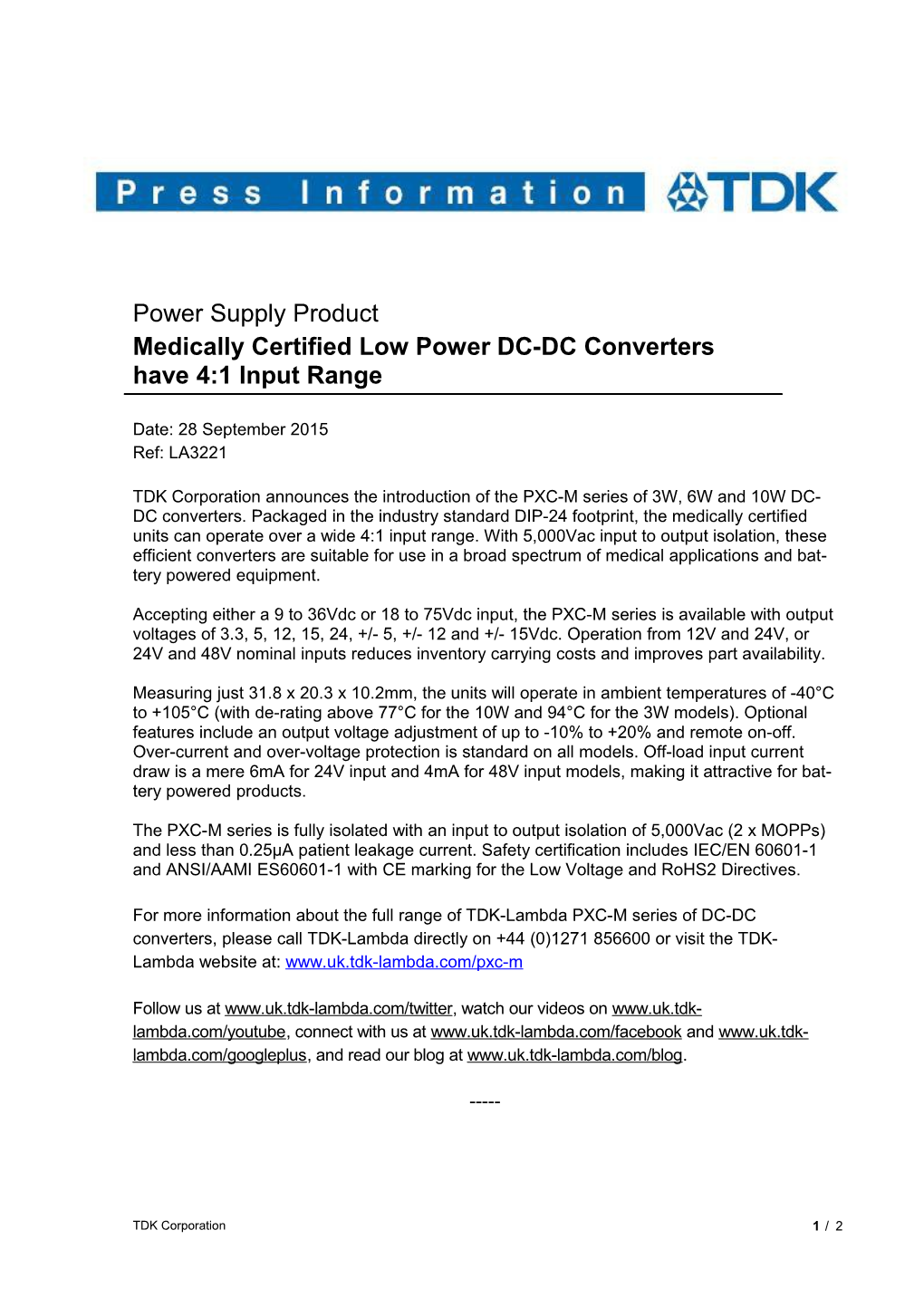 TDK Corporation Announces the Introduction of the PXC-M Series of 3W, 6W and 10W DC-DC