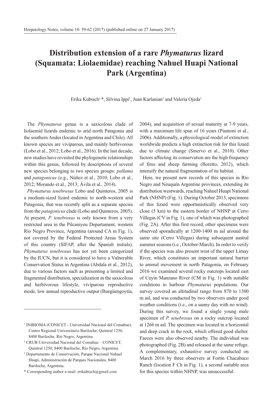 Distribution Extension of a Rare Phymaturus Lizard (Squamata: Liolaemidae) Reaching Nahuel Huapi National Park (Argentina)