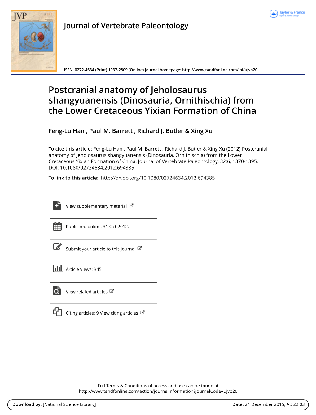 Postcranial Anatomy of Jeholosaurus Shangyuanensis (Dinosauria, Ornithischia) from the Lower Cretaceous Yixian Formation of China