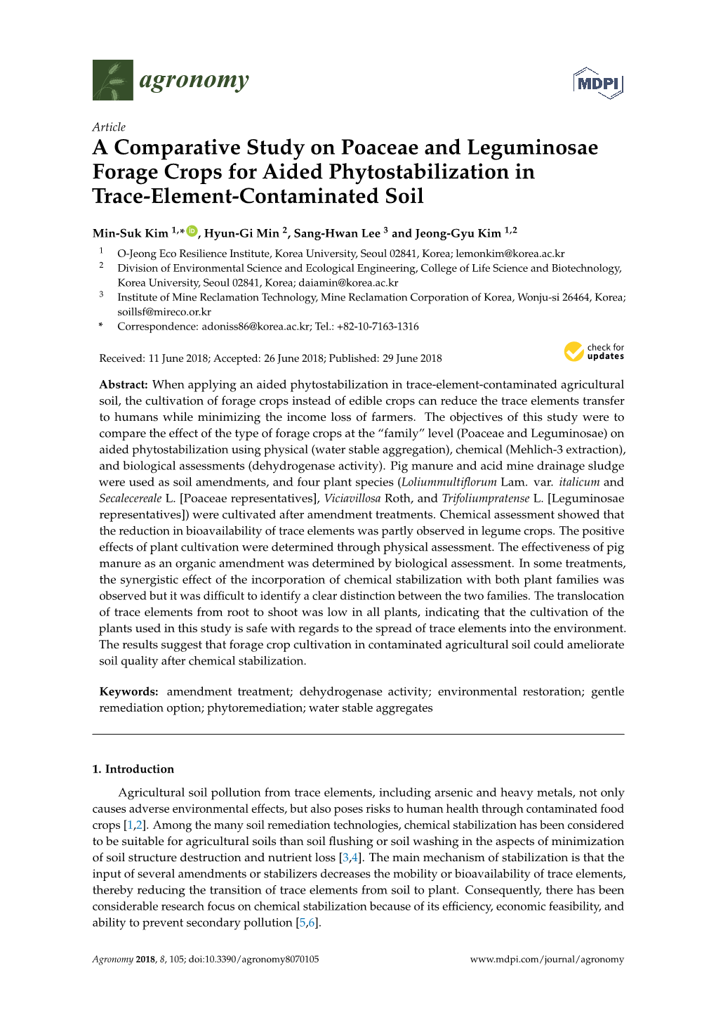 A Comparative Study on Poaceae and Leguminosae Forage Crops for Aided Phytostabilization in Trace-Element-Contaminated Soil