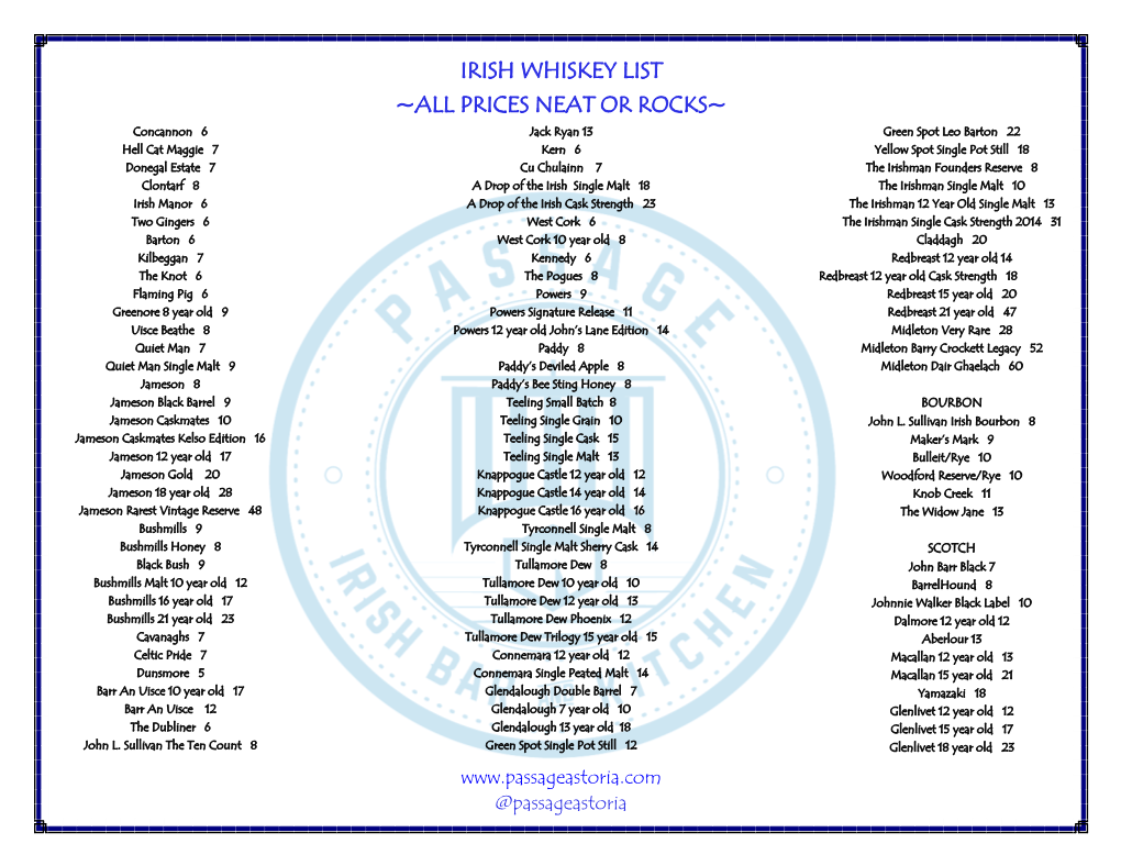 Irish Whiskey List ~All Prices Neat Or Rocks~