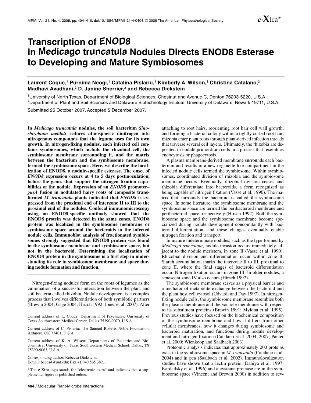 Transcription of ENOD8 in Medicago Truncatula Nodules Directs ENOD8 Esterase to Developing and Mature Symbiosomes