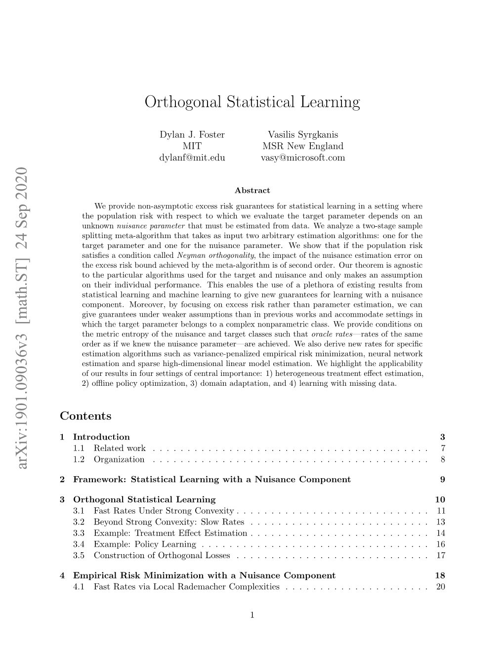 Orthogonal Statistical Learning Arxiv:1901.09036V3 [Math.ST]