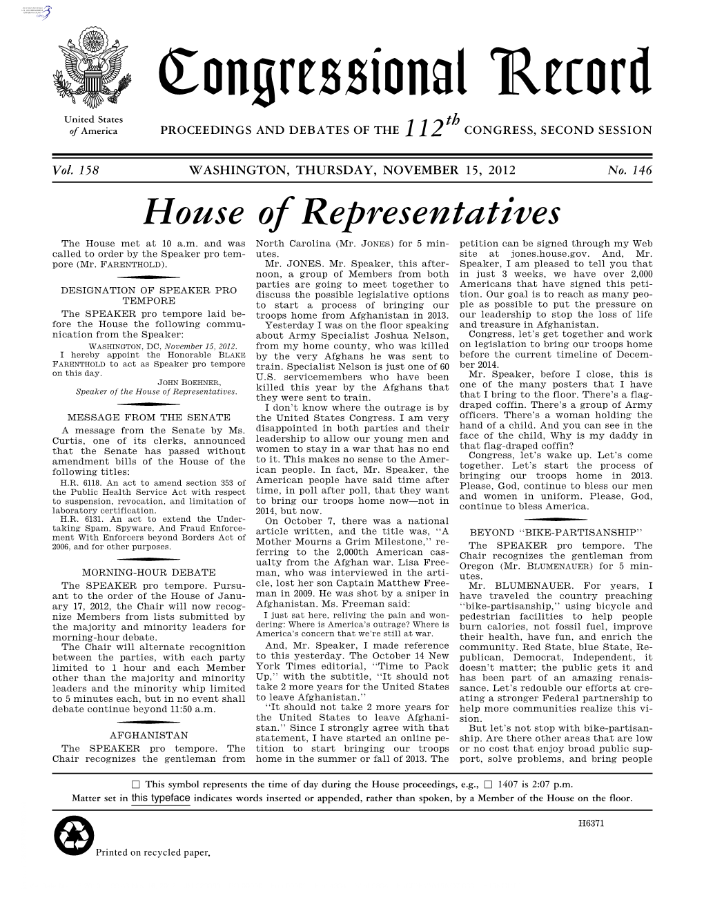 Congressional Record United States Th of America PROCEEDINGS and DEBATES of the 112 CONGRESS, SECOND SESSION