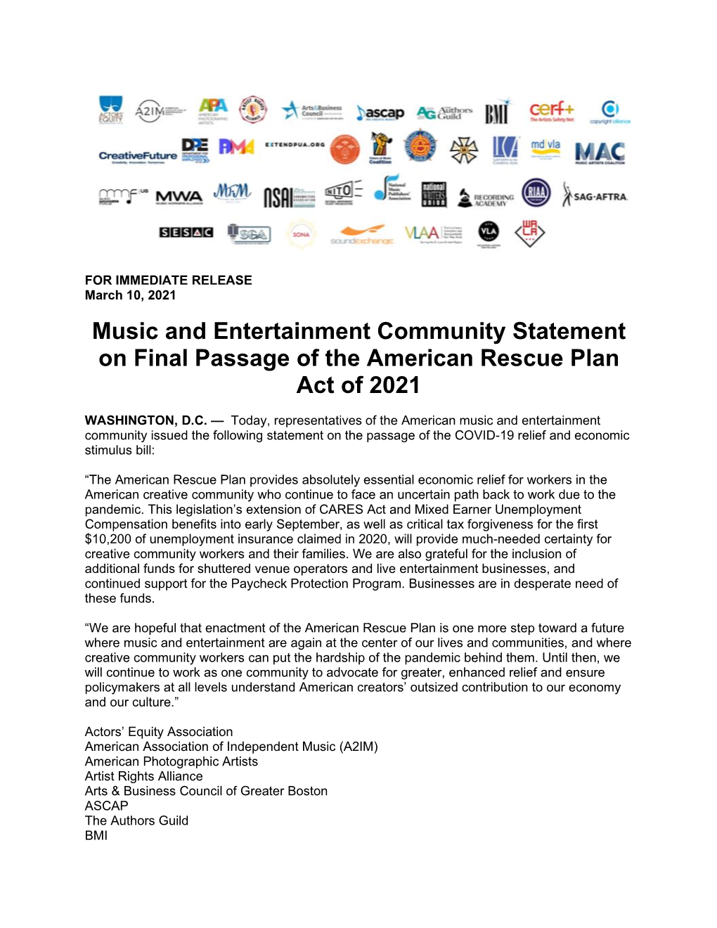 Music and Entertainment Community Statement on Final Passage of the American Rescue Plan Act of 2021