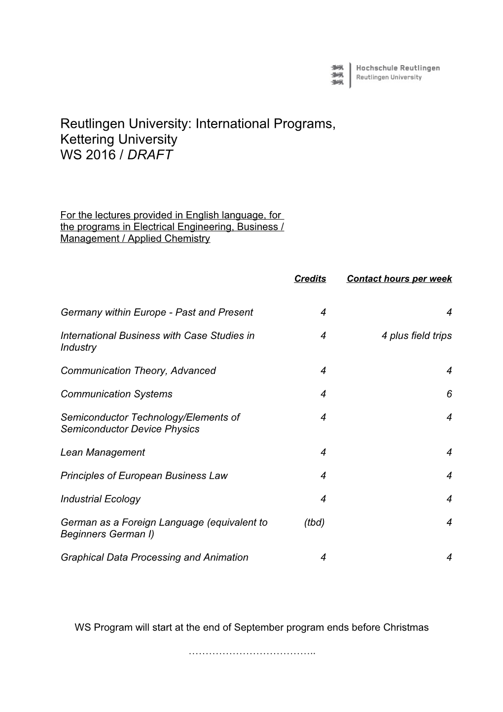 Reutlingen University: International Programs