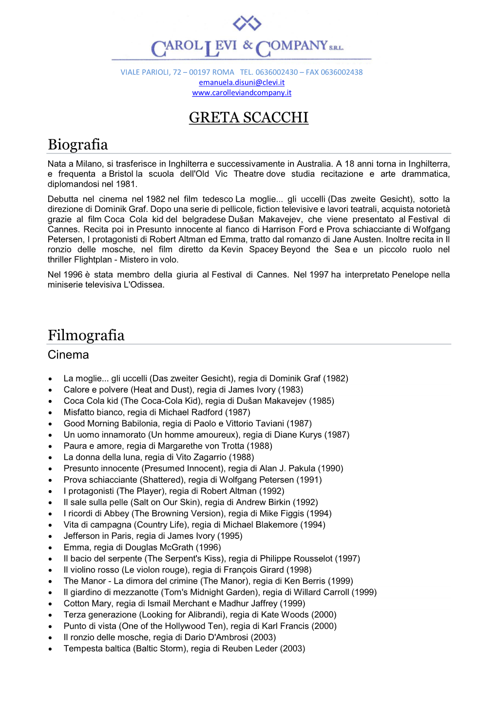 GRETA SCACCHI Biografia Filmografia