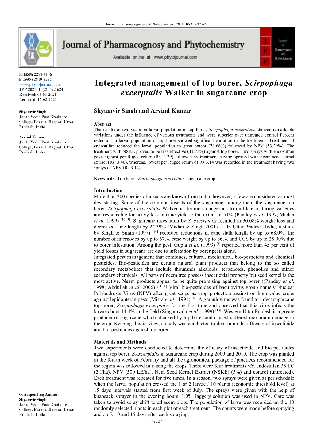 Integrated Management of Top Borer, Scirpophaga Excerptalis Walker in Sugarcane Crop