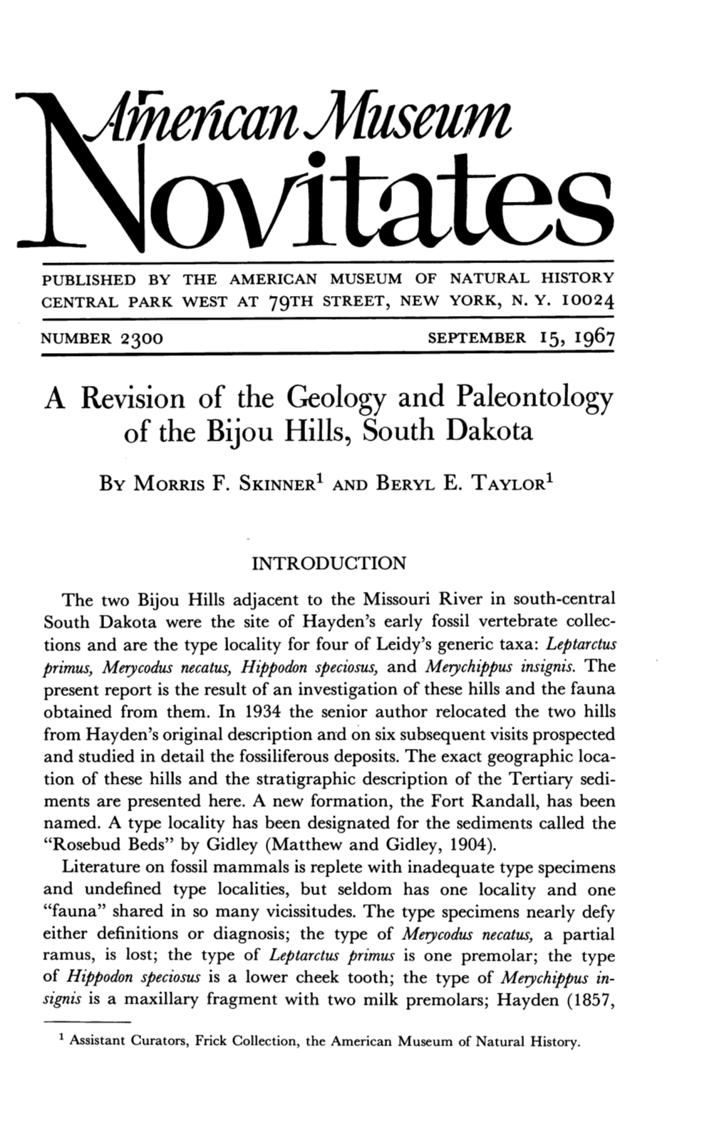 A Revision of the Geology and Paleontology of the Bijou Hills, South Dakota