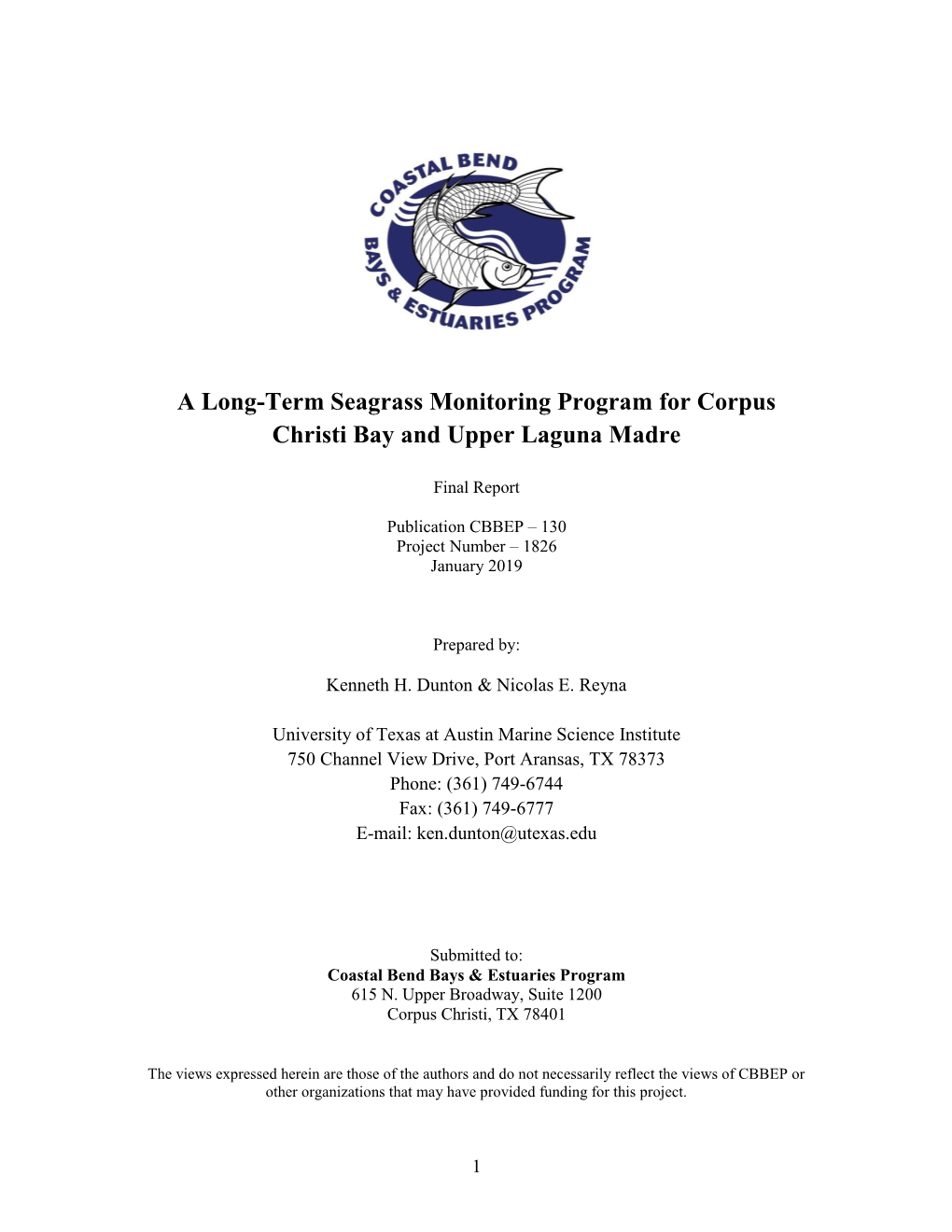 A Long-Term Seagrass Monitoring Program for Corpus Christi Bay and Upper Laguna Madre