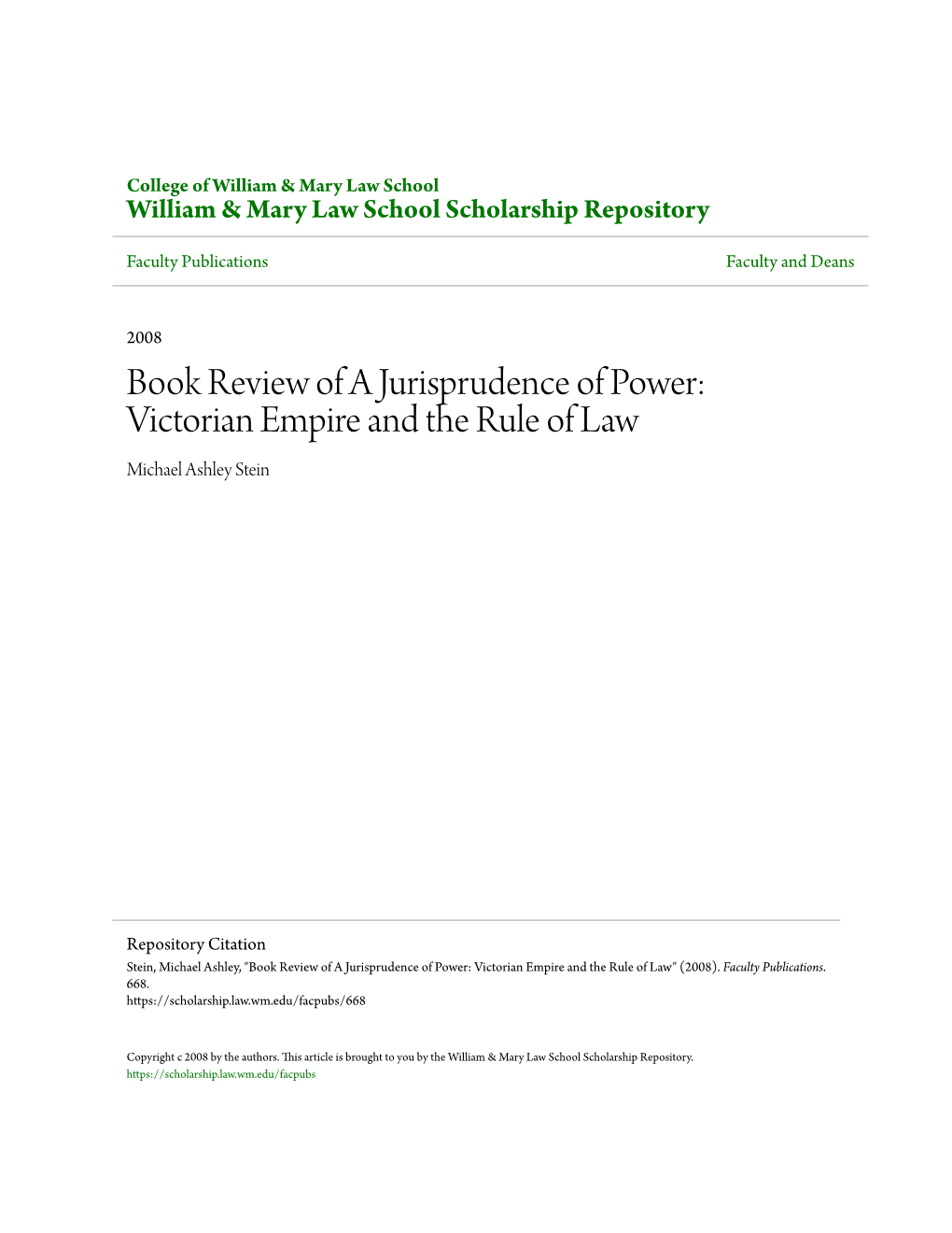 Book Review of a Jurisprudence of Power: Victorian Empire and the Rule of Law Michael Ashley Stein