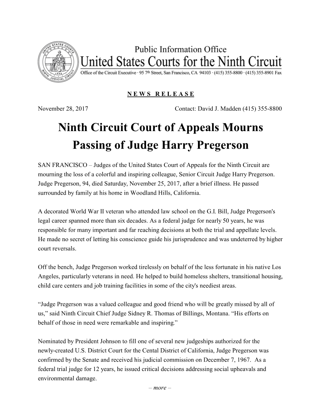 Ninth Circuit Court of Appeals Mourns Passing of Judge Harry Pregerson