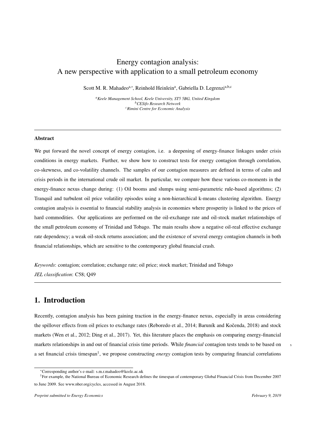 Energy Contagion Analysis: a New Perspective with Application to a Small Petroleum Economy