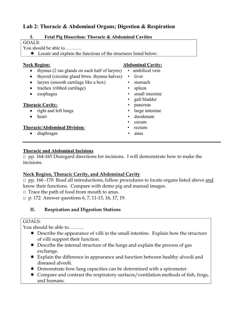 Lab 2: Thoracic & Abdominal Organs; Digestion & Respiration