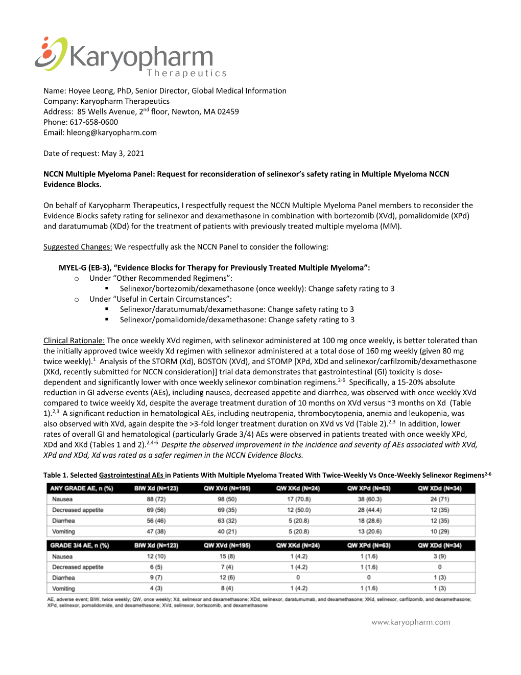 Karyopharm Therapeutics Address: 85 Wells Avenue, 2Nd Floor, Newton, MA 02459 Phone: 617-658-0600 Email: Hleong@Karyopharm.Com