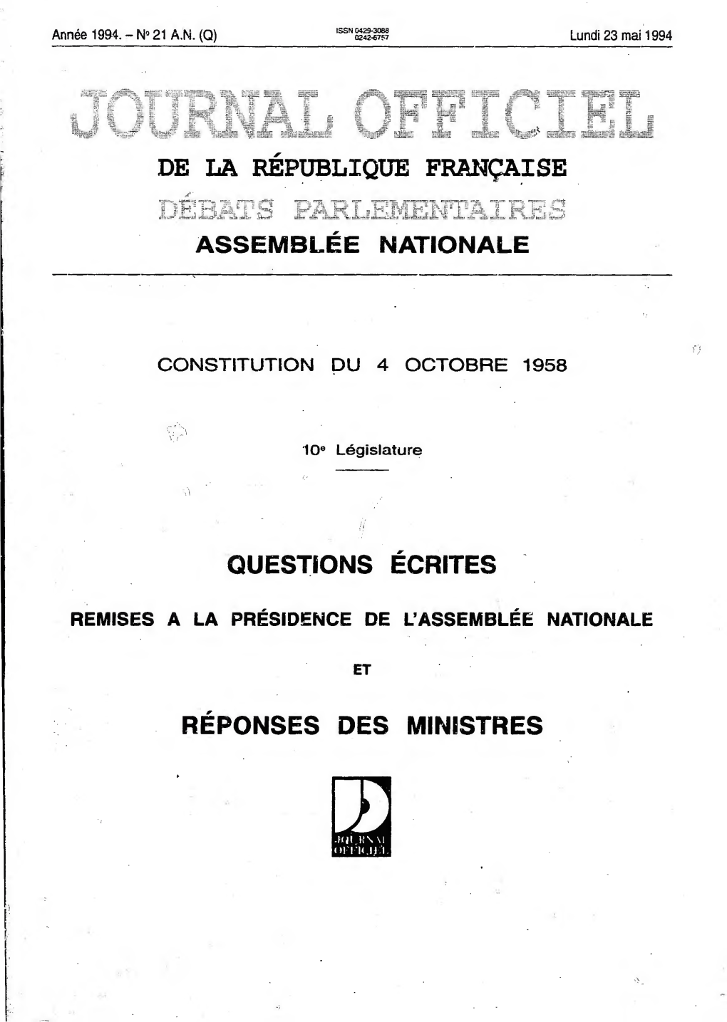 Journal Officiel Du Lundi 23 Mai 1994