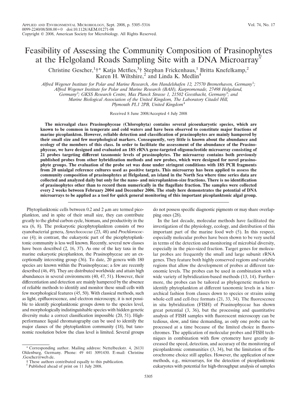 Feasibility of Assessing the Community Composition of Prasinophytes at the Helgoland Roads Sampling Site with a DNA Microarray