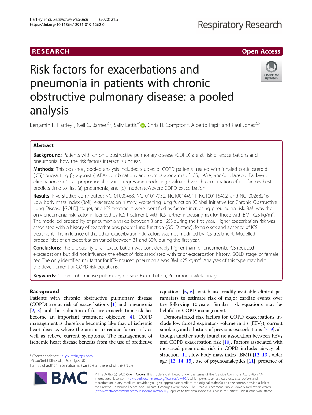 Risk Factors for Exacerbations and Pneumonia in Patients with Chronic Obstructive Pulmonary Disease: a Pooled Analysis Benjamin F