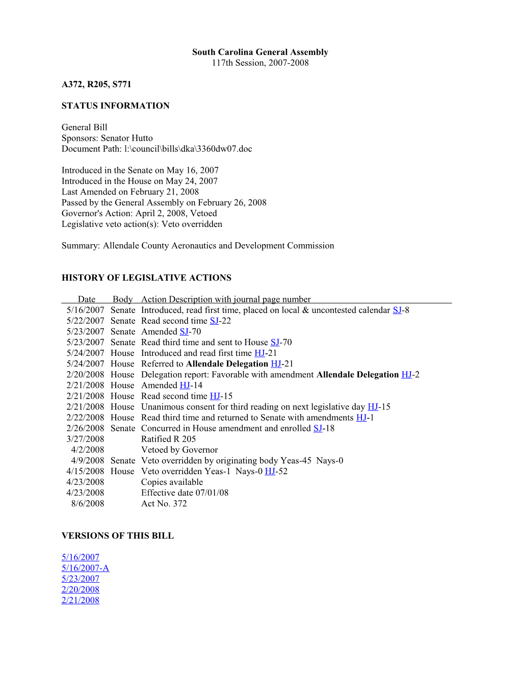 2007-2008 Bill 771: Allendale County Aeronautics and Development Commission - South Carolina