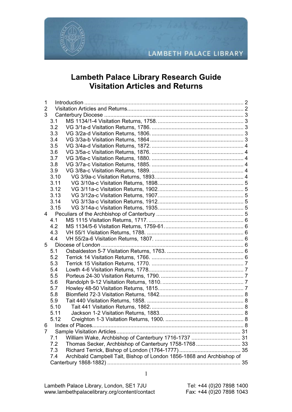 Lambeth Palace Library Research Guide Visitation Articles and Returns