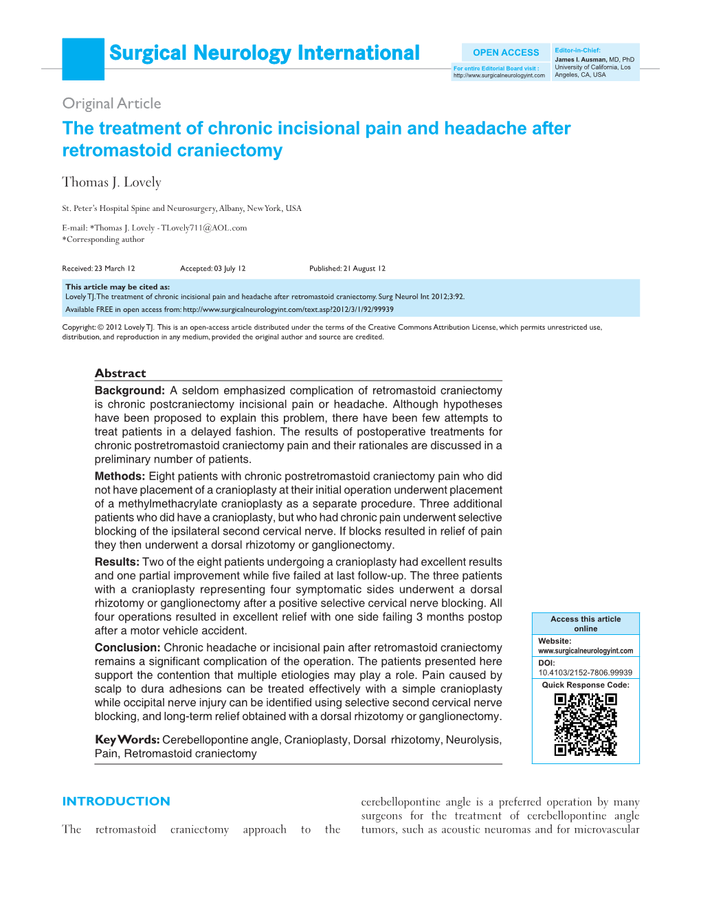 The Treatment of Chronic Incisional Pain and Headache After Retromastoid Craniectomy Thomas J