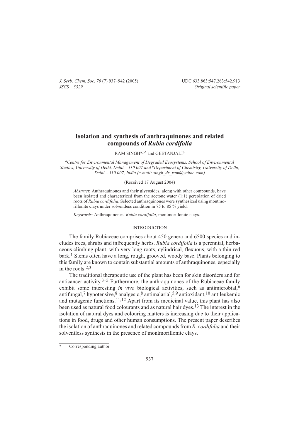 Isolation and Synthesis of Anthraquinones and Related Compounds of Rubia Cordifolia