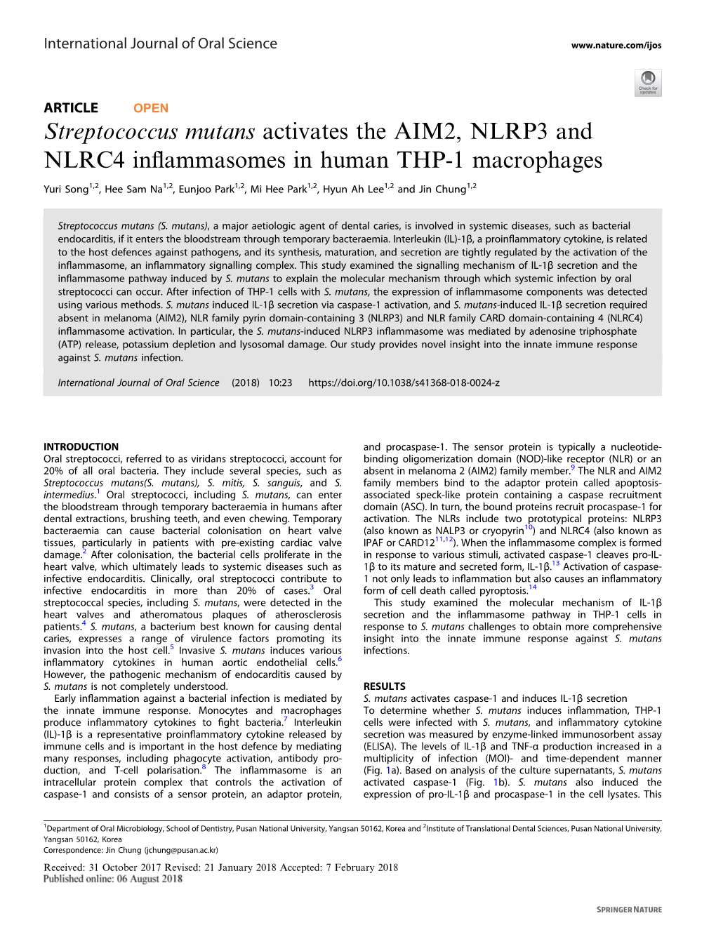 Streptococcus Mutans Activates the AIM2, NLRP3 and NLRC4 Inﬂammasomes in Human THP-1 Macrophages