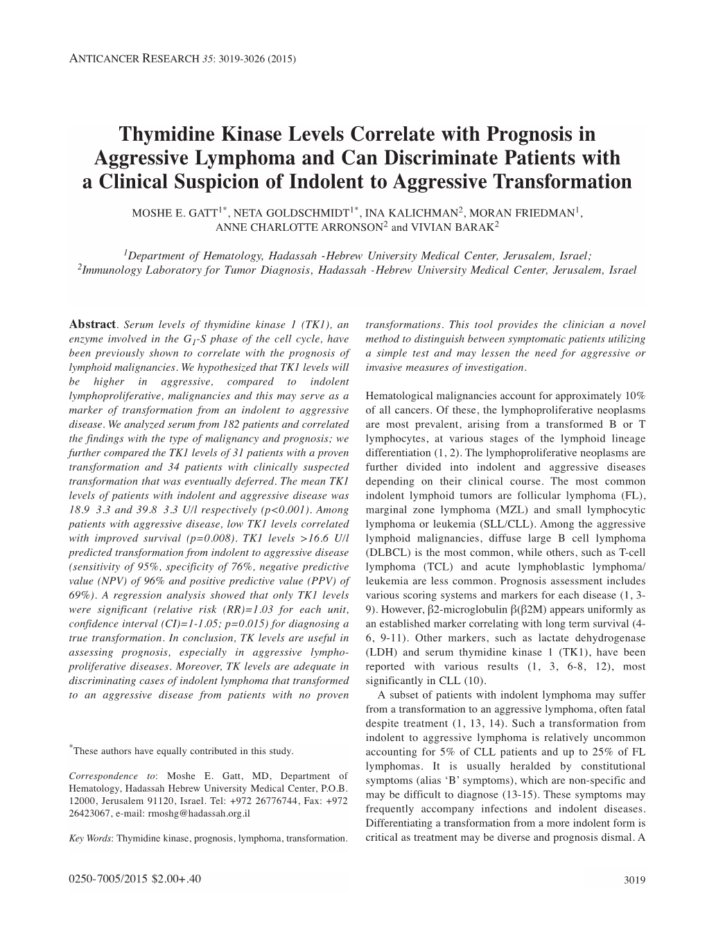 Thymidine Kinase Levels Correlate with Prognosis in Aggressive Lymphoma and Can Discriminate Patients with a Clinical Suspicion