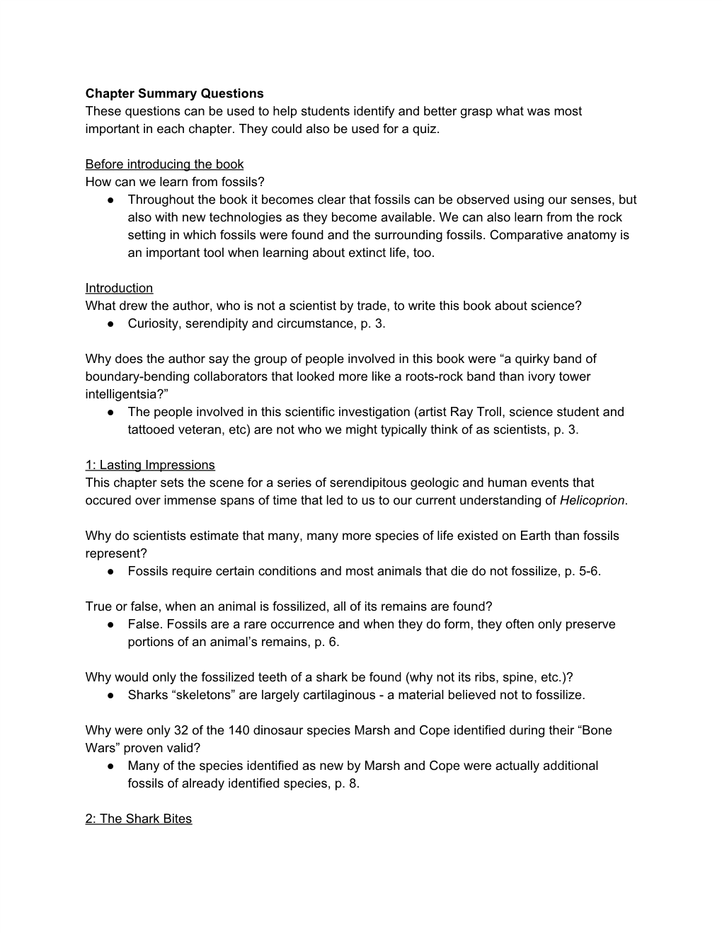 Chapter Summary Questions These Questions Can Be Used to Help Students Identify and Better Grasp What Was Most Important in Each Chapter