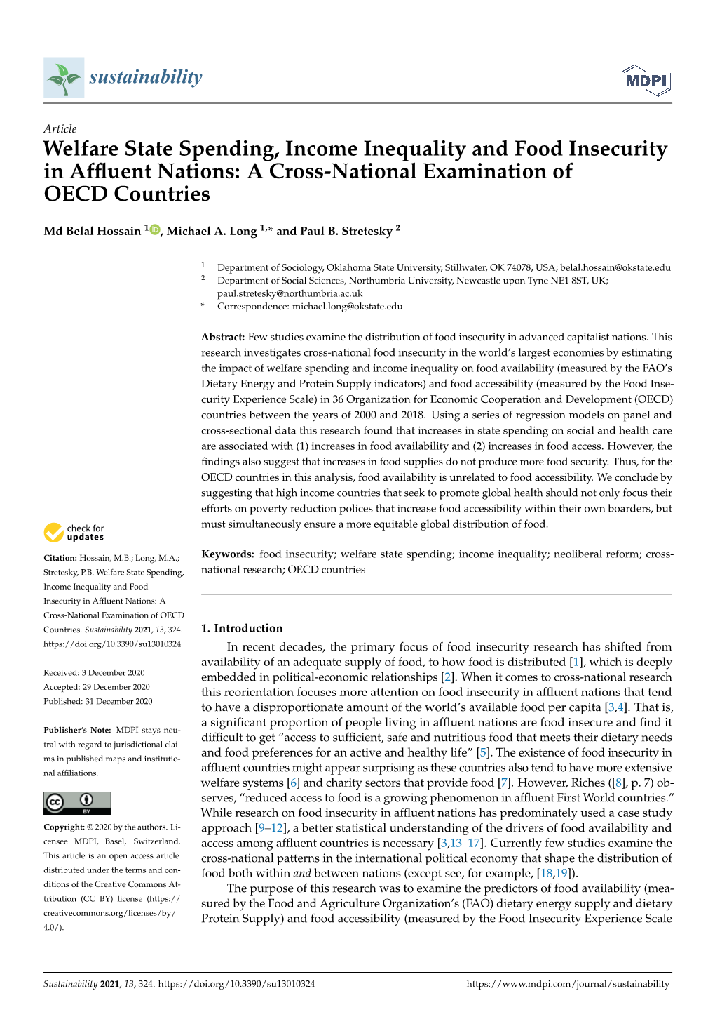 Welfare State Spending, Income Inequality and Food Insecurity in Afﬂuent Nations: a Cross-National Examination of OECD Countries