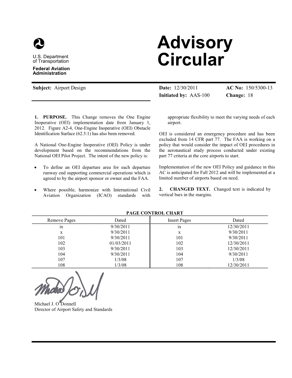 Change 18 of AC 150/5300-13, Airport Design, Dated 30 December 2011