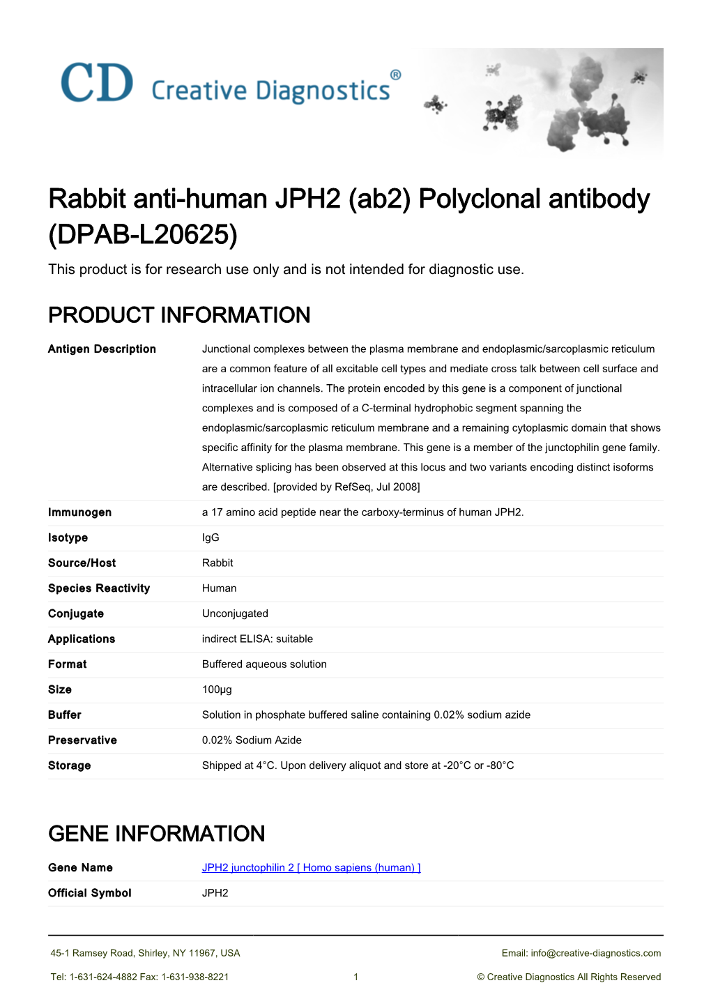 Rabbit Anti-Human JPH2 (Ab2) Polyclonal Antibody (DPAB-L20625) This Product Is for Research Use Only and Is Not Intended for Diagnostic Use